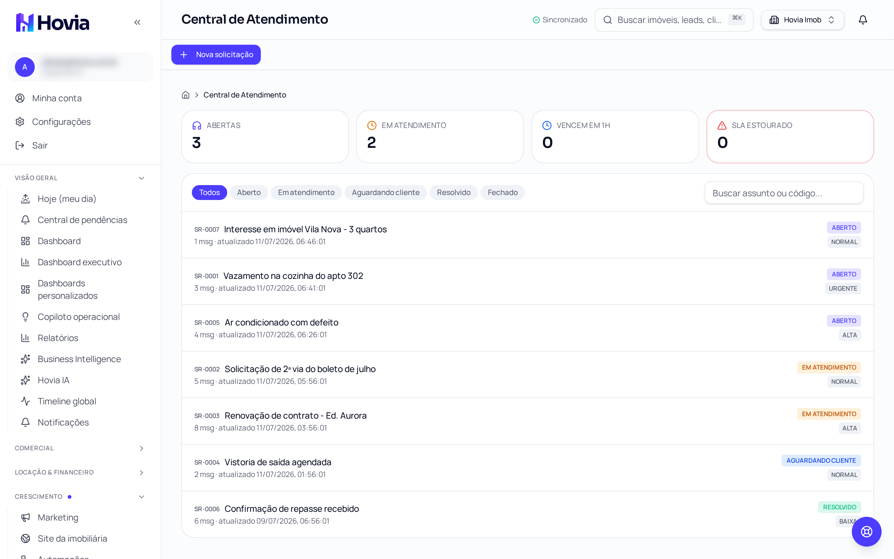 Tela Atendimentos da Hovia